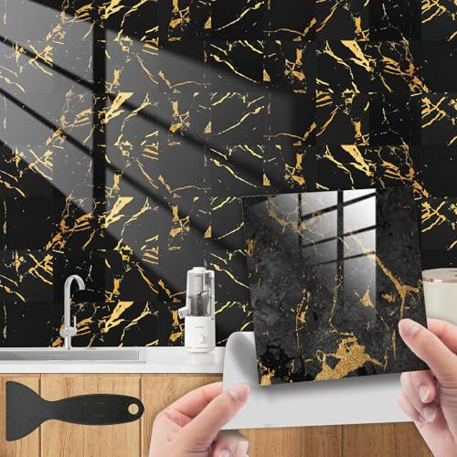 Marble Black Tile Stickers Self Adhesive Wall Tiles Stickers DIY Kitchen Tile Stickers Home Decor for Kitchen Bathroom Backsplash PVC Tiles Waterproof Oil Proof 15×15 cm (6×6 in) 20pcs - Black + Gold