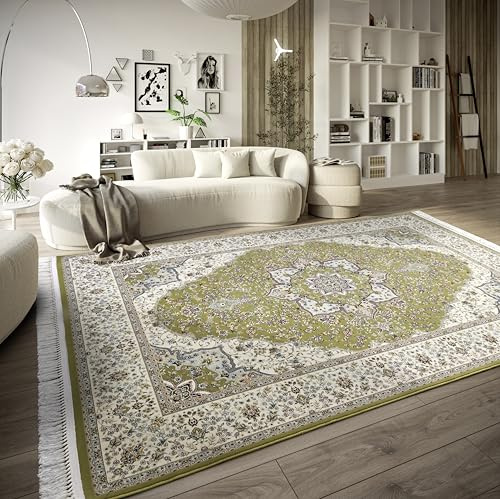 Villeroy & Boch matta med kort lugg – orientalisk vardagsrumsmatta – tätt vävd med fransar – klassisk matta för vardagsrum, sovrum, matsal, hall – grön kräm, 128 x 190 cm