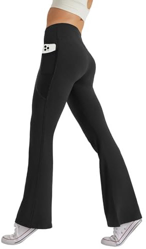 Glacspyg Damen Hose mit Taschen Yogahose Freizeit Jogginghose High Waist Sporthose Elastische Weite Bootcut Jazzpants Schwarz L