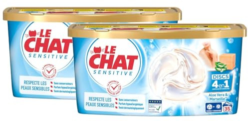 LE CHAT Sensitive - Discs 4en1 Savon de Marseille & Aloe Vera - Lot de 2 boîtes de 35 capsules (70 capsules)