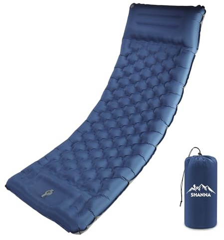SHANNA Camping Sleeping Pad with Pillow: Extra Thick 12cm Ultra-Light Self Inflating Air Mat, Portable Waterproof Inflatable Sleep Mattress with Built-in Foot Pump for Outdoor Traveling (Navy Blue)
