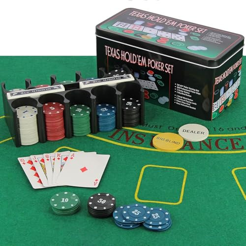 Texas Hold'em Poker-Set, 200 Stück Casino-Chips, 91,4 x 61 cm, Spiel-Poker-Matte, 2 Kartendecks, Dealer & Blind-Tasten, Chip-Rack, Blechbox, komplettes Poker- und Blackjack-Spiel-Set für Zuhause oder