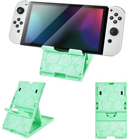 DLseego Support pour Console Switch 2/OLED/Lite,Antidérapant Réglable Thème Vert Support de Jeu Pliable Compact Base de Jeux,Feuilles Blanches