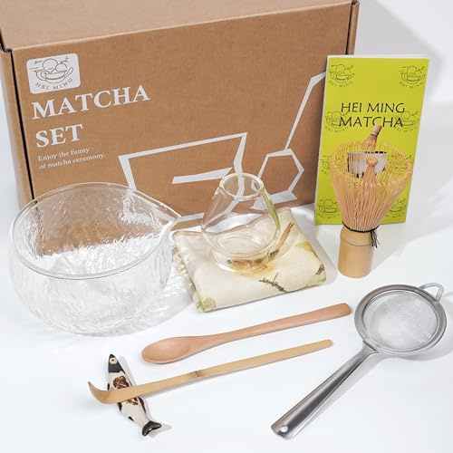 HEI MING Matcha kit och skål (8 delar), Matcha teset i glas och handgjord bambuvisp (chasen) för teentusiaster