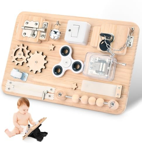 Montessori Busy Board i trä – sensorisk och pedagogisk leksak för barn – aktivitetsbräde & reseleksak – present till pojke eller flicka, födelsedag eller högtid – Montessori leksaker barn