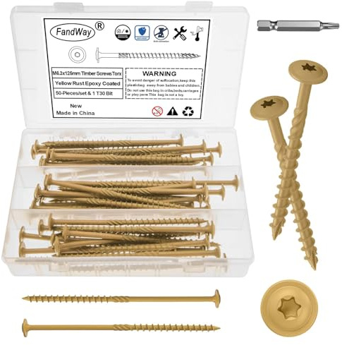 FandWay 50 Pcs Timber Screws,6.3x125mm Heavy Duty Structural Wood Screws,Torx Wafer Head Fixing Deck Screw,Rust Epoxy Coated With T30 Star Bits for Outdoor Log Landscape Frame Construction (Yellow).