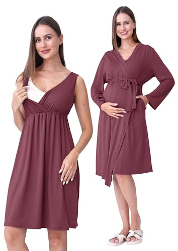 SUNNYBUY Set 2-pezzi con accappatoio da gravidanza e per l'allattamento | Set 3-in-1 da notte per gravidanza per nascita, degenza e allattamento, biancheria da notte per ospedale, rosso scuro, XL