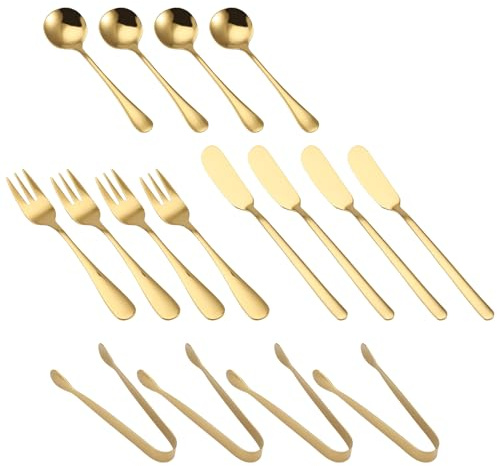 Qusedwey Juego de Cuchillos para Untar Mantequilla de Queso, 16 Piezas, Accesorios de CharcuteríA, Cuchillos de Mantequilla de Acero Inoxidable, Pinzas para Servir (Dorado)