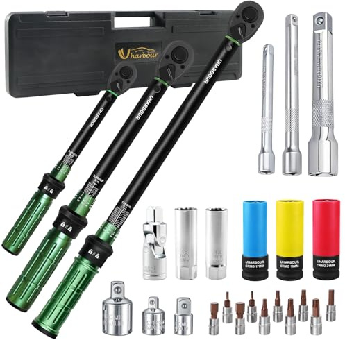 Uharbour Torque Wrench Set 1/4 3/8 1/2, 26 Pieces Torque Wrench Set 3-25, 5-60, 60-330Nm for Car, Motorcycle, Bike, ±3% Accuracy, Includes Spark Plug Sockets, Bits, Adapters and Extension Rods