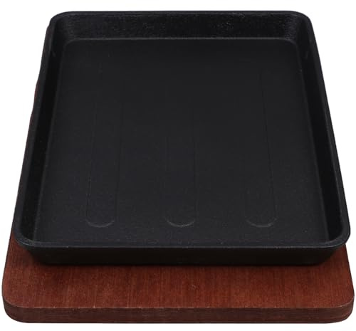 MOLUCKFU Padella in Ghisa Quadrata 232X175 CM con Base in Legno Piastra Antiaderente per Bistecche e Barbecue Adatta per Griglia Teppanyaki Cucina Versatile per Carne Pesce e Verdure