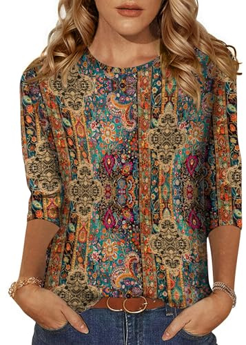 Zeagoo Womens Tunic Tops Crew Neck 3/4 Sleeve Blouses Casual Fashion Tshirts Retro Brown XL