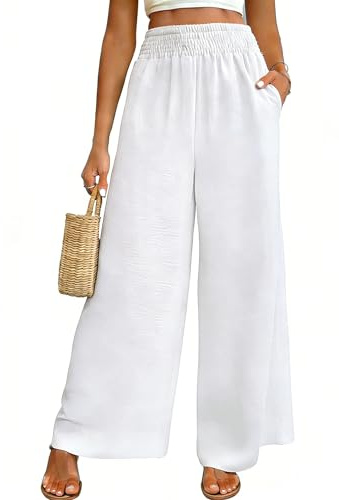Vossmi Pantalones Casual Sólido para Mujer Largo Pantalones Cintura Alta Elástico Yoga Palazzo Pantalón con Bolsillos Suelto Ligeros Pants de Playa Verano Blanco,XL