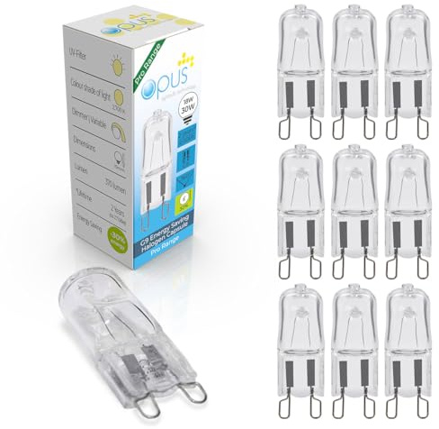 Opus G9 Halogen Bulb | 18W = Equivalent to 26W G9 | Warm White 2700K | Long Life 2,000 Hours | Clear Glass Capsule | Dimmable | 2 Pin Light Bulbs | Lava Lamp | Chandelier | 10 Pack