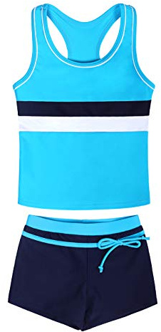 AmzBarley Girls Swimming Costume Kids Two Piece Swimsuit Childs Tankini Set Racer Back Tops Swim Shorts Swimwear Summer Beach Holiday Bathing Suit Blue 4XL