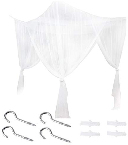 Queen/King Size Premium Polyster 4 Corner Post Canopy Bed Mosquito Net - Breathable, Durable & Easy Entry, Elegant Bedroom Decor (White)
