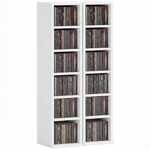 HOMCOM Lot de 2 étagères colonnes Armoire de Rangement CD-DVD 6 + 6 Compartiments 21 x 22,5 x 88,5 cm capacité Max. 204 CD Blanc