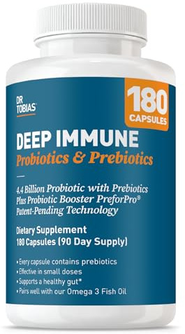 Dr. Tobias Deep Immune Probiotics & Prebiotics - Dual Action Digestion & Immune Support with PreforPro Prebiotics & Spore Forming Probiotics for Women & Men - 180 Capsules (90 Servings)