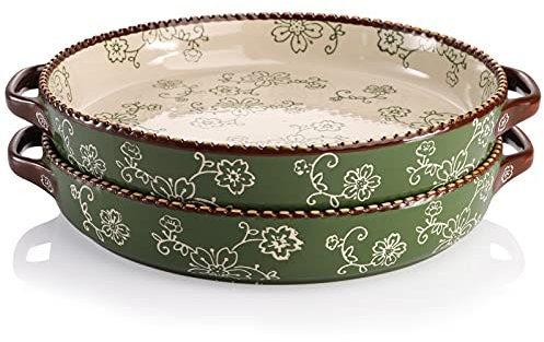 AVLA 2 Pack Ceramic Pie Pan, 23 cm Round Baking Dish with Double Handle, 28 Ounce Deep Quiche Plate for Kitchen, Cooking, Roasting Lasagna (Sakura, Green)
