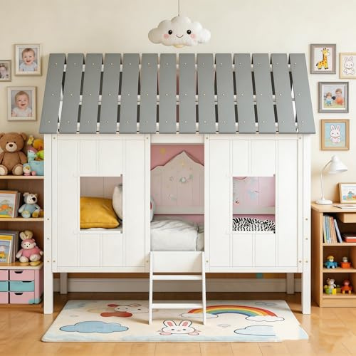 Low Loft Bed Twin Size with Windows and Roof, Solid Wood Kids House Loft Bed with Rails and Ladder for Kids, Solid Wood Playhouse Bed Frame with Under-Bed Storage for Boys Girls, Easy Assembly, White