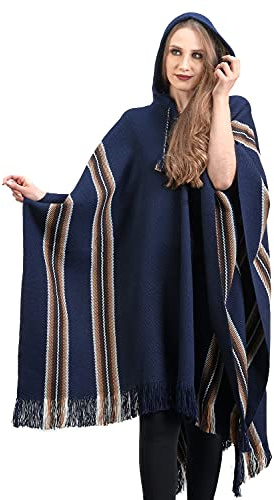 INTI ALPACA Alpaca Hooded Poncho for Women - Warm and soft - Cloak Cape Shawl (Blue)