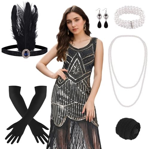 FEPITO Flapper-Kleider im Stil der 1920er Jahre für Damen, mit Fransen und Pailletten besetztes Great Gatsby-Kleid für Damen mit Accessoires im Stil der 20er Jahre(Pure Black Gold,XLarge)