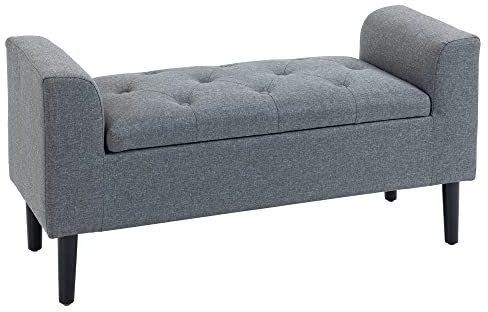 HOMCOM Banco Pie de Cama Acolchado con Espacio de Almacenaje Banqueta Multifuncional con Brazos Tapa Abatible y Patas de Madera para Dormitorio Salón 116x44x58 cm Gris