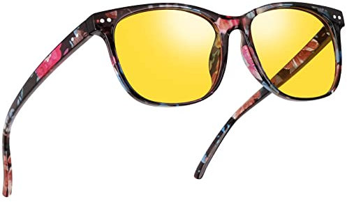 Kelinln Nachtsichtbrille für Frauen und Herren, polarisiert, blendfrei, klar, gelb, getönt, Blumenrahmen, Einheitsgröße
