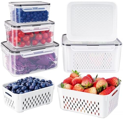 Freshmage Fruit Storage Containers for Fridge with Removable Colander, Airtight Food Storage Container, Dishwasher Safe Produce Saver for Refrigerator, Keep Berry Fruit Fresh Longer 4 pcs Small Clear