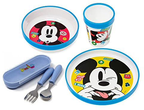 damaloo Geschirr rutschfest mit Kinderbesteck passend für Mickey Mouse Fans - 5-teiliges Kindergeschirr Set - Geschirrset Kinder und Besteck für Baby BPA frei