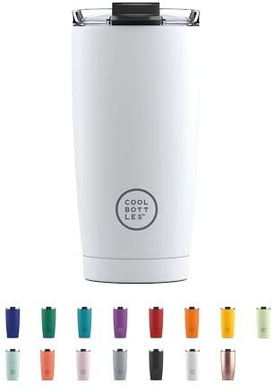 Cool Bottles - Tumbler - Bicchiere Termico in Acciaio Inossidabile - 550 ml - Mono White - Tazza da Caffè - Coperchio Ermetico - Bevande Fredde 10 ore e Calde 5 ore - Finitura Antimacchia