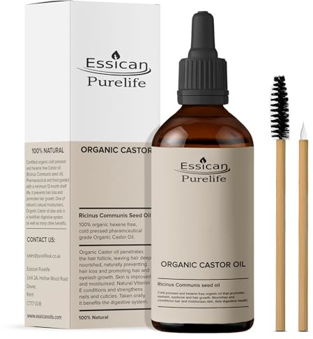 Essican Purelife Organic Castor Oil for Eyelashes 100ml, Fresh & Cold Pressed Castor Oil for Hair Growth, Skin Hydration, Eyebrow Oils Enhancement - Ideal for Body, Beard & Nails, Cruelty-Free