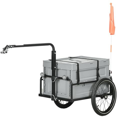 HOMCOM Rimorchio Carrello da bicicletta con vano portaoggetti rimovibile e pieghevole da 65 l, pneumatici e riflettori di sicurezza, carico massimo 40 kg, grigio