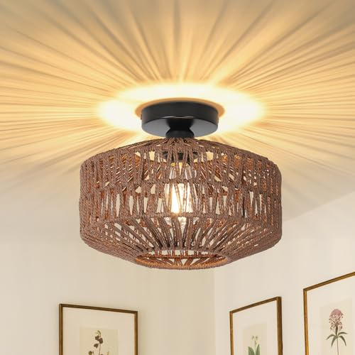 Rayofly Dunkel Braun Rattan Deckenlampe, Boho Deckenleuchte Mit Lampenschirm, Vintage Bambus Lampe, Rustikal Leuchte für Wohnzimmer, Korb Lampe für Schlafzimmer, Küche, Flur