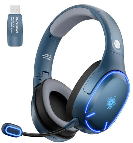 PHOINIKAS Cascos Gaming Inalámbricos para PC/PS5/PS4, Auriculares Gaming Inalámbricos de 2,4GHz USB Wireless+Bluetooth 5.3, Baja Latencia Calidad de Sonido 7.1 sin Pérdidas, 30+ Horas, Luz LED (Azul)