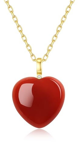 COAI Damen Herzanhänger Halskette aus Echter Karneol mit vergoldeter Kette Herzkette für Frauen