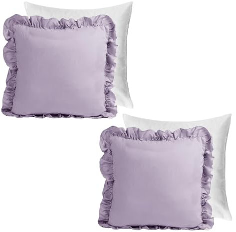 Highams Faux Linen Frill Filled Cushions with Covers, Soft Linen Plain Purple Hue Frill Design Pillowcases 2 Pack with Invisible Zipper For Sofa & Bedroom, Lilac-45x45cm