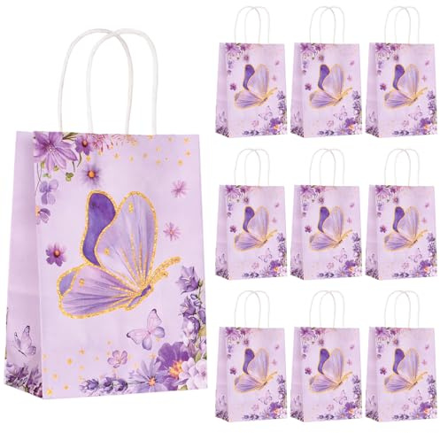 10 fjärilsformade presentpåsar (15 x 8 x 21 cm), kreativa blompåsar för fest, färgglada papperspåsar med handtag, perfekt för födelsedagar, jul, baby shower (lila-1)