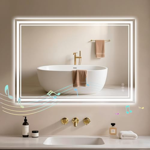 Badspiegel-mit-Beleuchtung 80x60 - LED Badezimmerspiegel mit Bluetooth - Badezimmer Spiegel mit Beleuchtung, Beschlagfrei, Dimmbar, 3 Lichtfarben, Wandspiegel Led-Spiegel-Bad Horizontal/Vertikal