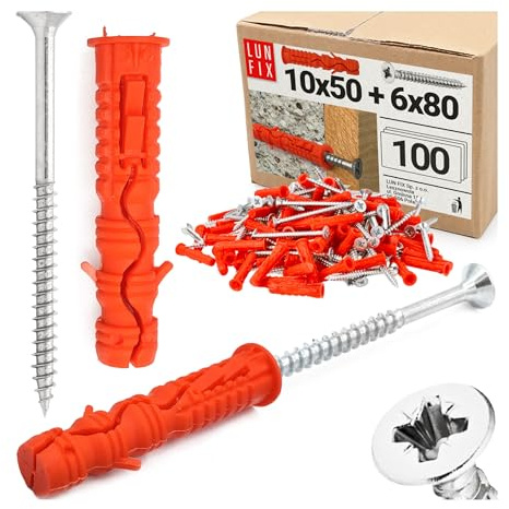 Set di tasselli 10 x 50 cm, con viti 6 x 80 mm, 100 pezzi, tasselli a percussione e tasselli universali per cemento, mattoni, blocchi cavi, set di tasselli con viti a testa svasata, Lun Fix