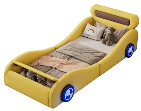 SOFTWEARY Autobett mit Lattenrost, Stauraum, Rausfallschutz und leuchtenden Rädern, Kinderbett, Kunstleder (gelb, 90x200 cm)
