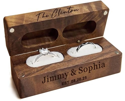 EDSG Personalized Wedding Ring Box 2 Slots, Flip Wooden Ring Holder, Engraved Ring Bearer Box with Names & Date (Design 1)