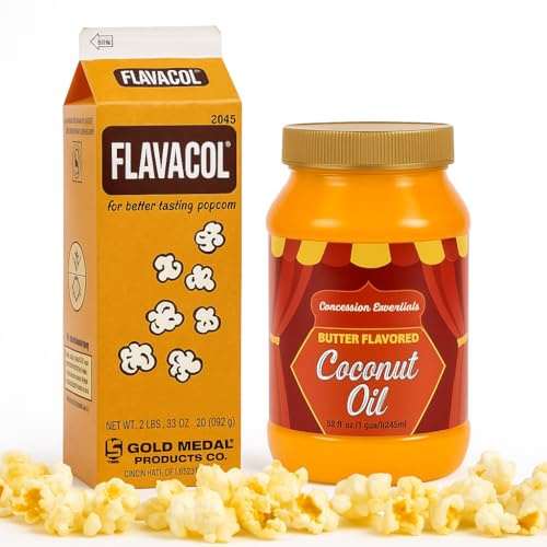 Perfectware- Flavacol Popcorn Seasoning Salt 35oz & Concession Essentials Coconut Oil 32oz Combo Kit – Buttery Movie Theater Style Popcorn Flavoring Set for Home or Concession Use