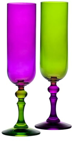 Krosno – Flûtes à Champagne et Prosecco Colorées – 2 x 220 ml – Collection Bubble – Vert & Violet – Cristal Sans Plomb – Peintes à la Main