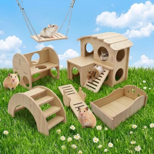 EAAGHK 6 Pz Giocattoli in Legno per Criceti, Oggetti per Criceti in Legno Naturale, Accessori Completi per Piccoli Animali, Casetta, Altalena, Ponte e Nascondiglio, Ponte, Bilanciere a Forma di Rana