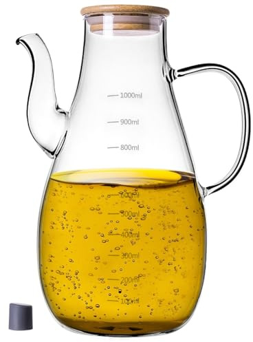 KADAX Distributeur d'huile 1 l en verre borosilicate, bouteille d'huile avec graduation de mesure, bec verseur et couvercle, bouteille d'huile en verre, bouteille d'huile en verre, bouteille pour