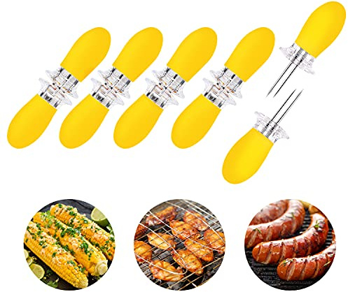 10Pcs/5 Pairs Yellow Corn Cob Holders Stainless Steel Fork Skewers for Corn On The Cob BBQ Tools
