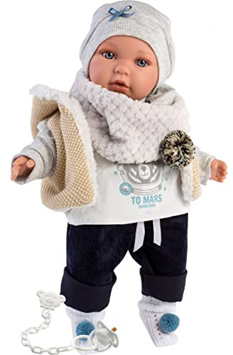 Llorens Puppe Enzo mit blauen Augen, Babypuppe mit weichem Körper, Puppenjunge inkl. trendigem Outfit und Schnuller, 42 cm