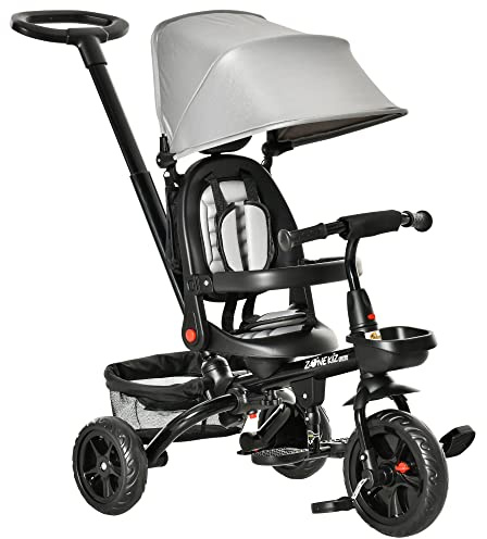 Qaba Kids Tricycle, 4 in 1 Foldable Trike with Reversible Seat, Adjustable Parent Handle, Safety Harness, Wheel Brakes, Removable Canopy, Storage, Tricycle for Toddlers 1-5 Years, Gray