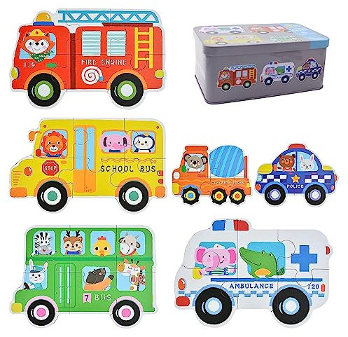 RtottiM 6 Stück Kinderpuzzle Auto Puzzle für Kinder Montessori Spielzeug für Weihnachten für Jungen und Mädchen holzpuzzle ab 3 4 5 Jahren