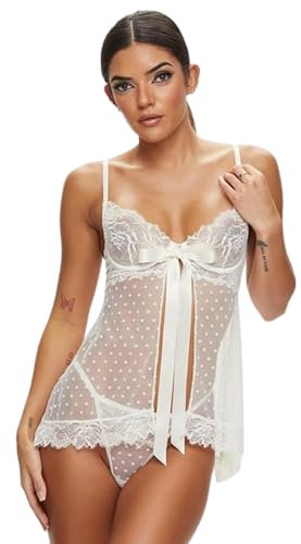 Ann Summers Bridal Bon Bon Babydoll Set – Babydoll Lingerie for Women with Matching Thong, Underwired Cups, Satin Bow & Front Fastening - Genuine Womens Bridal Lingerie Set Ivory